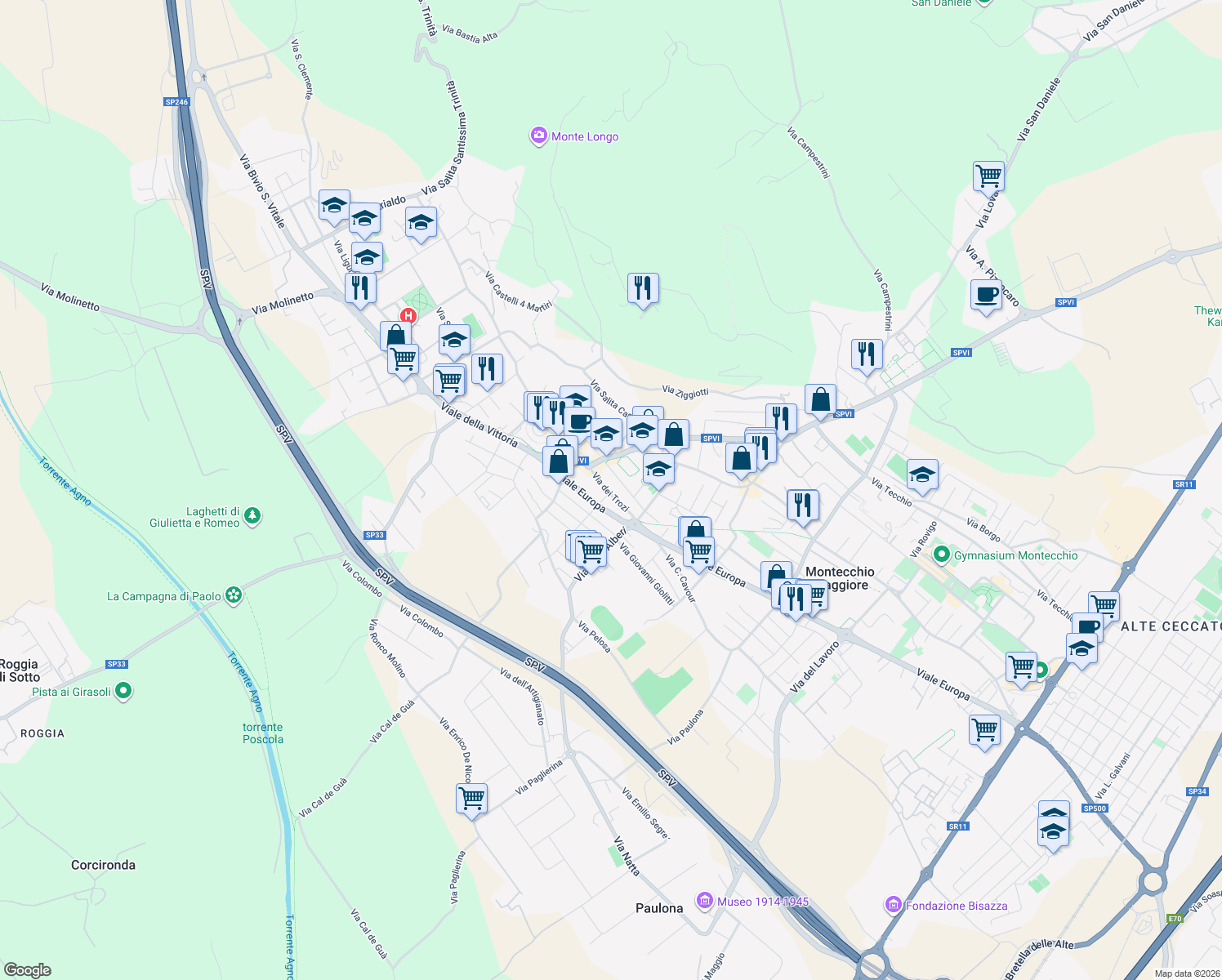map of restaurants, bars, coffee shops, grocery stores, and more near 19 Via dei Trozi in Montecchio Maggiore