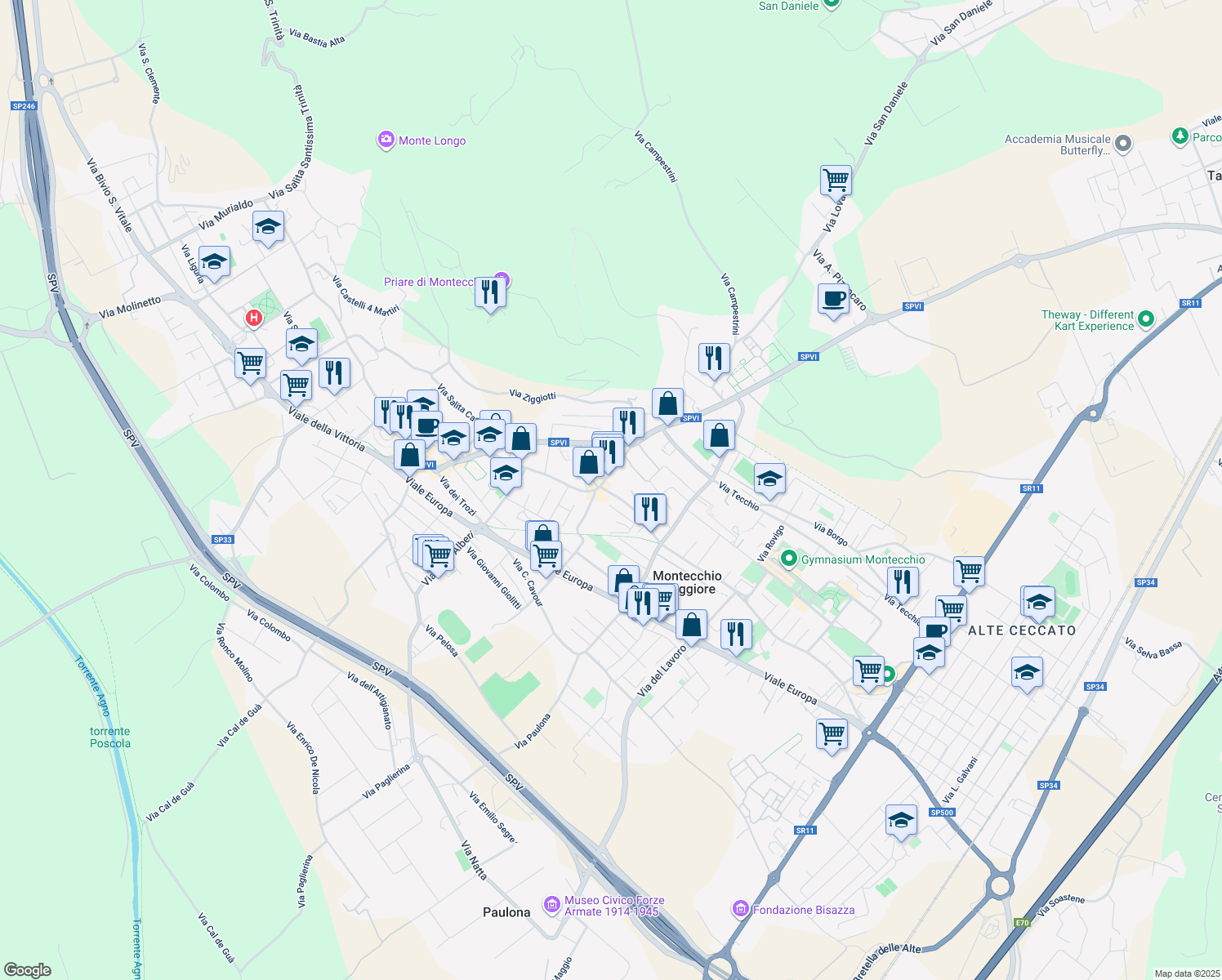 map of restaurants, bars, coffee shops, grocery stores, and more near 3 Via Madonnetta in Montecchio Maggiore