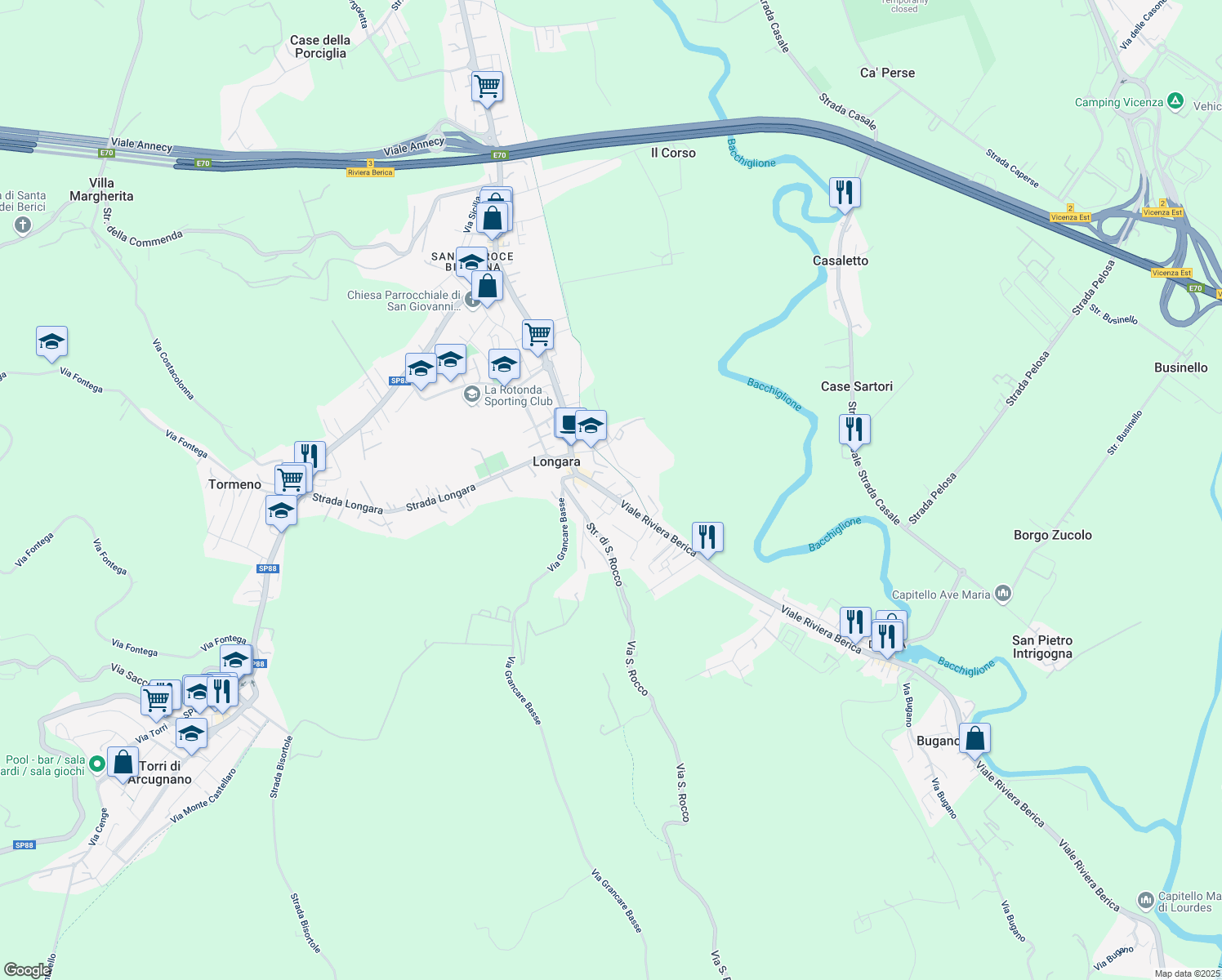 map of restaurants, bars, coffee shops, grocery stores, and more near 699 Viale Riviera Berica in Vicenza