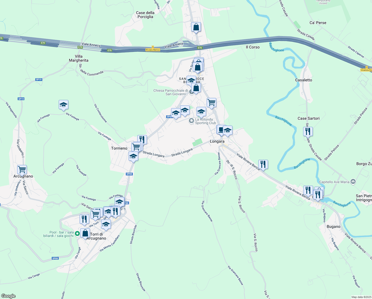 map of restaurants, bars, coffee shops, grocery stores, and more near 134 Strada Longara in Vicenza