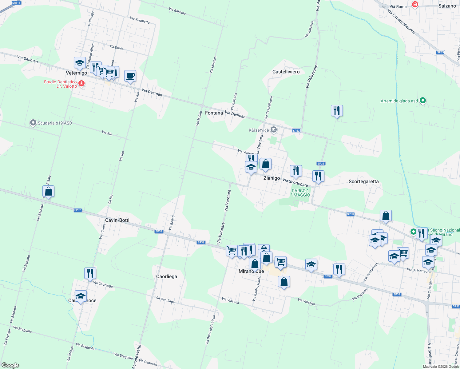 map of restaurants, bars, coffee shops, grocery stores, and more near 11 Via Varotara in Venice