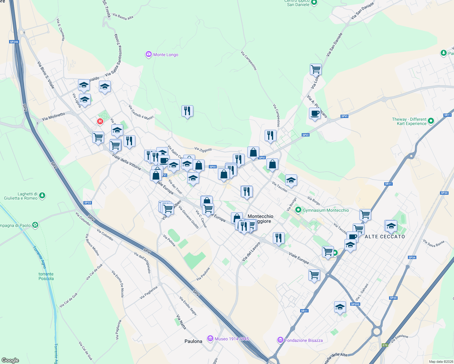 map of restaurants, bars, coffee shops, grocery stores, and more near 1 Vicolo Rosa d'Oro in Montecchio Maggiore