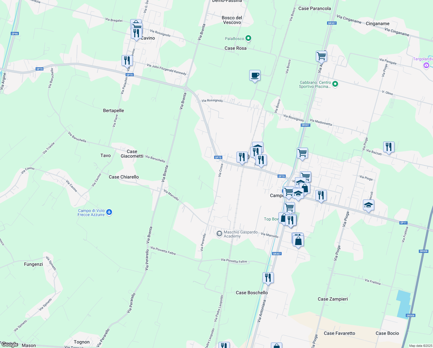 map of restaurants, bars, coffee shops, grocery stores, and more near 45 Via Croce in Campodarsego