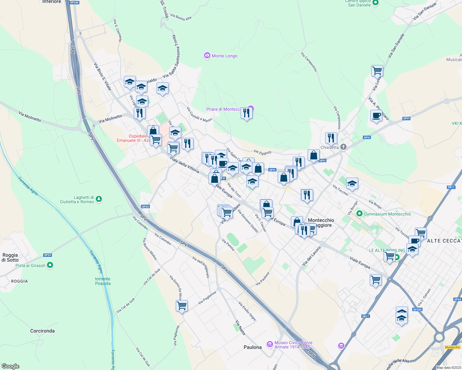 map of restaurants, bars, coffee shops, grocery stores, and more near 3 Via dei Trozi in Montecchio Maggiore