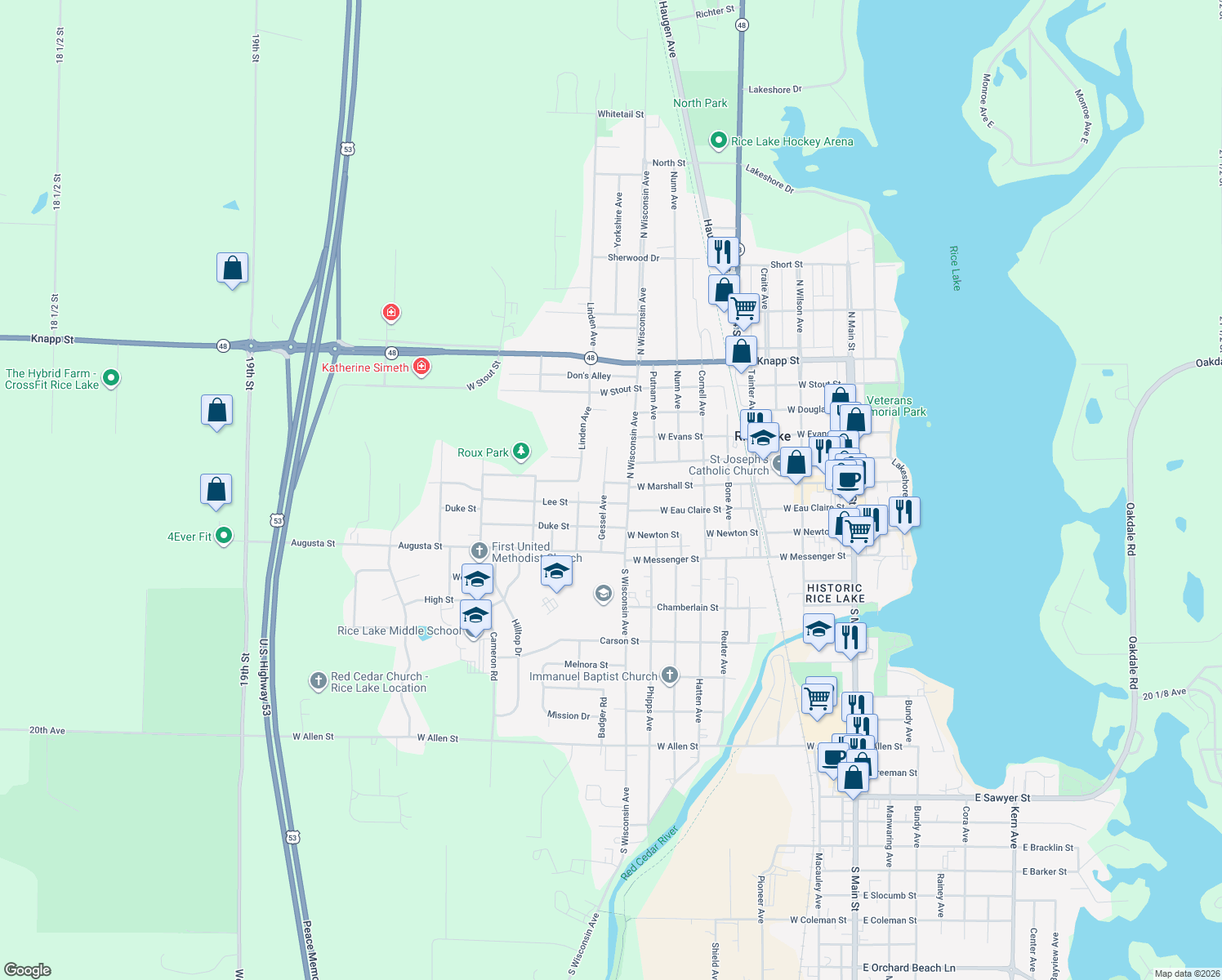 map of restaurants, bars, coffee shops, grocery stores, and more near 716 W Marshall St in Rice Lake