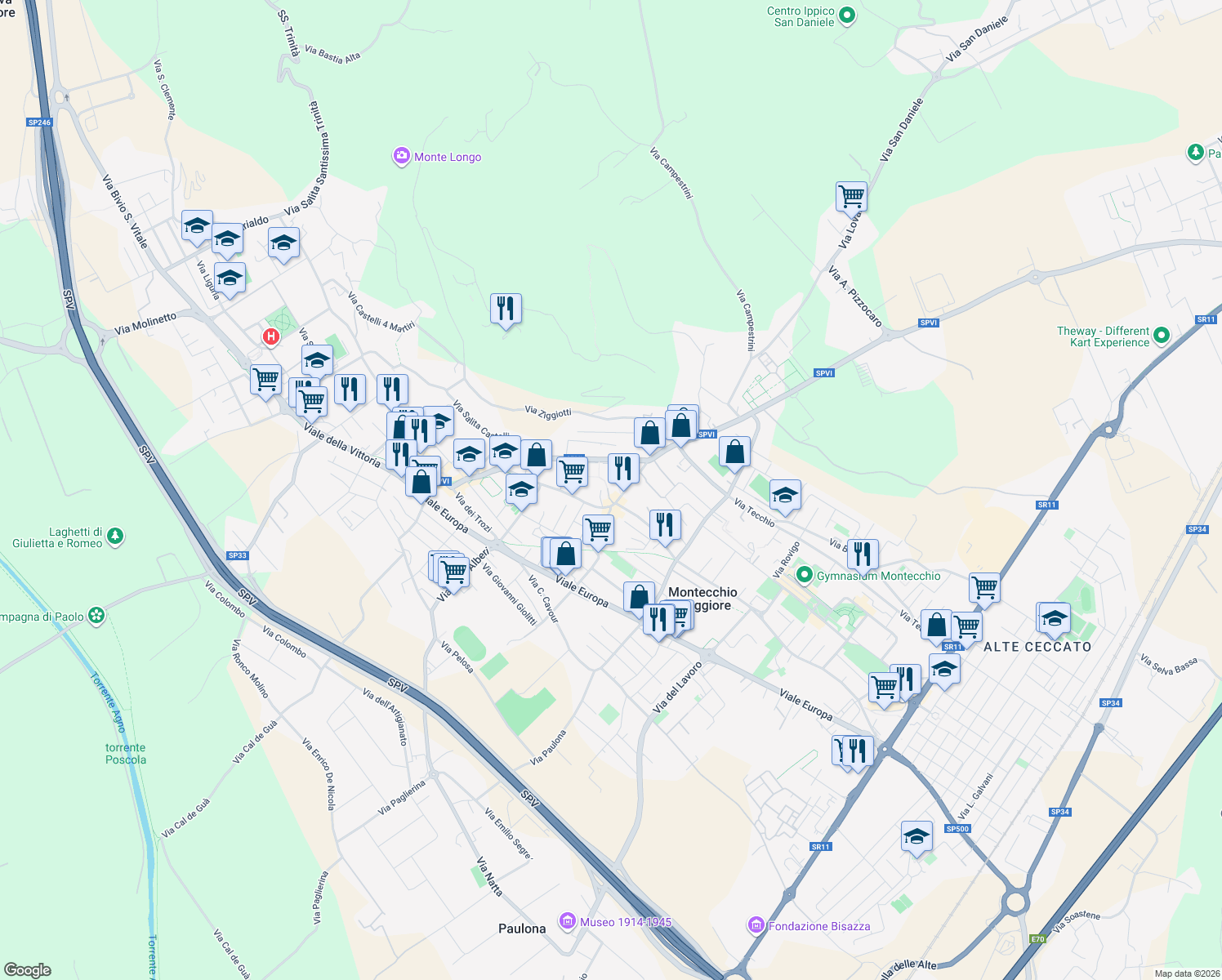 map of restaurants, bars, coffee shops, grocery stores, and more near 1 Vicolo Rosa d'Oro in Montecchio Maggiore-Alte Ceccato