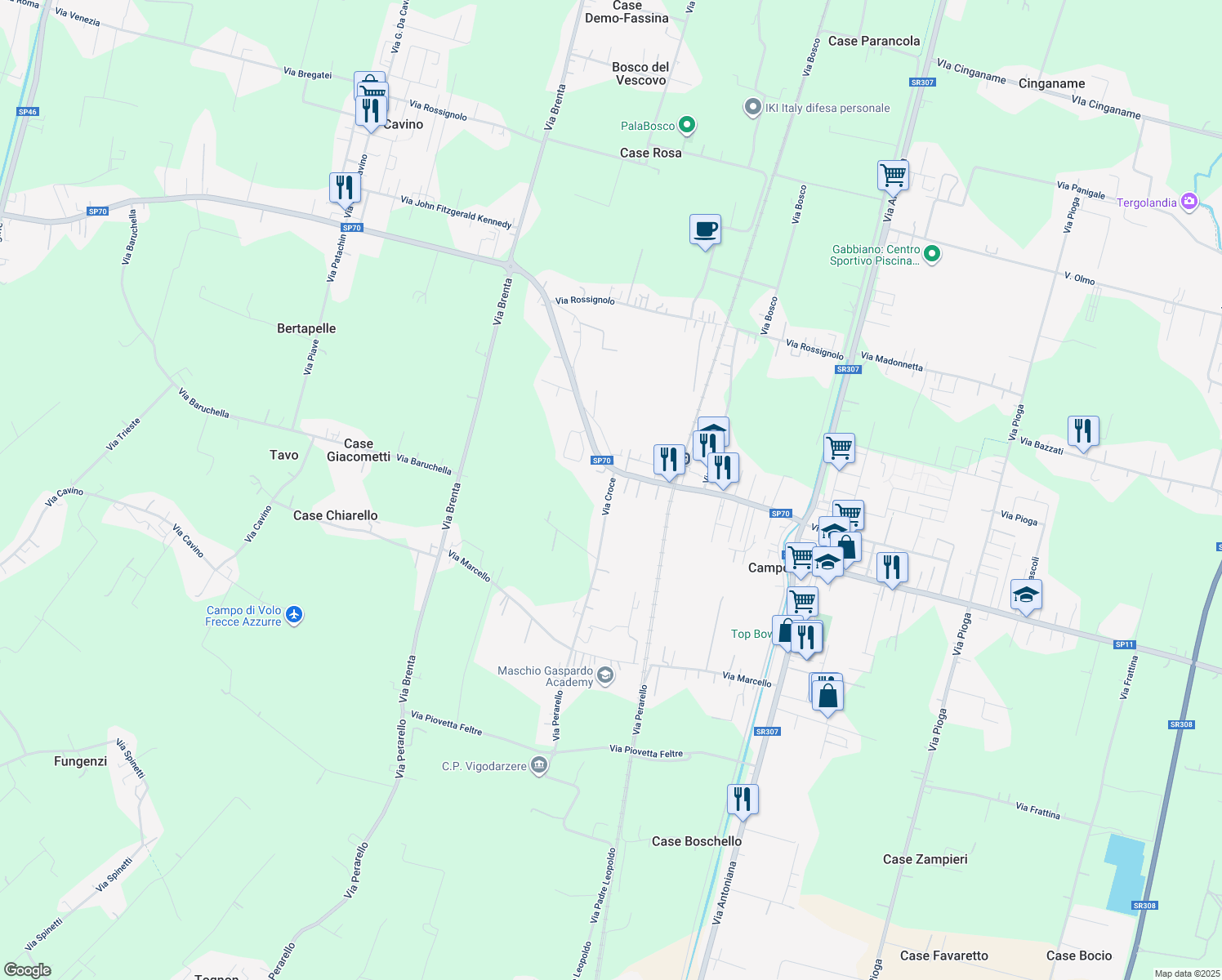 map of restaurants, bars, coffee shops, grocery stores, and more near 45 Via Croce in Campodarsego