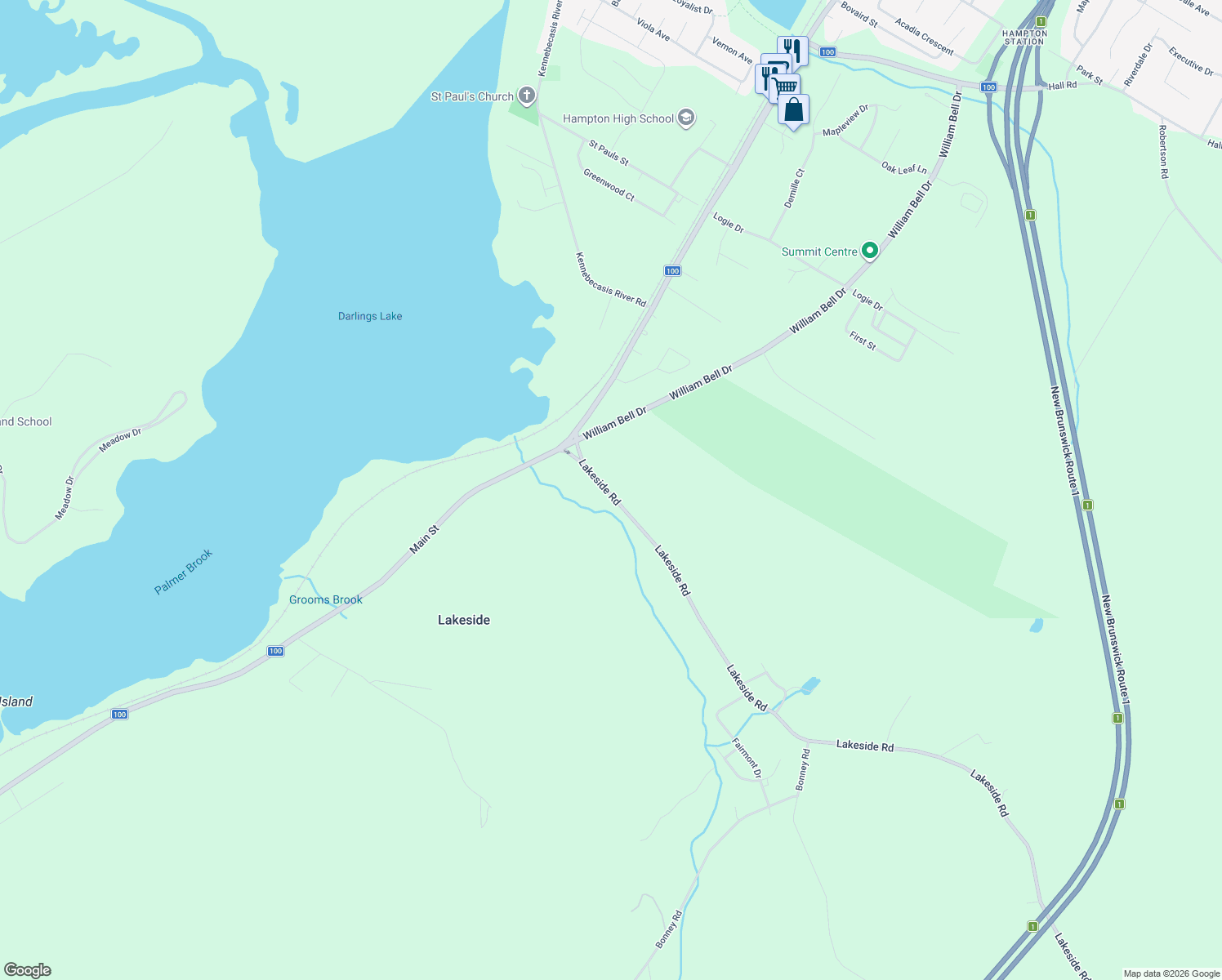 map of restaurants, bars, coffee shops, grocery stores, and more near 19 Lakeside Road in Hampton