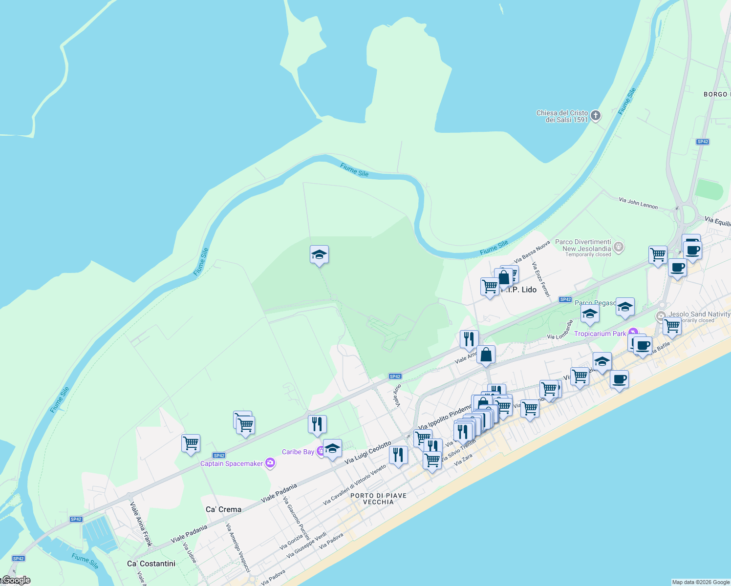 map of restaurants, bars, coffee shops, grocery stores, and more near Via Peter Reichegger in Città Metropolitana di Venezia