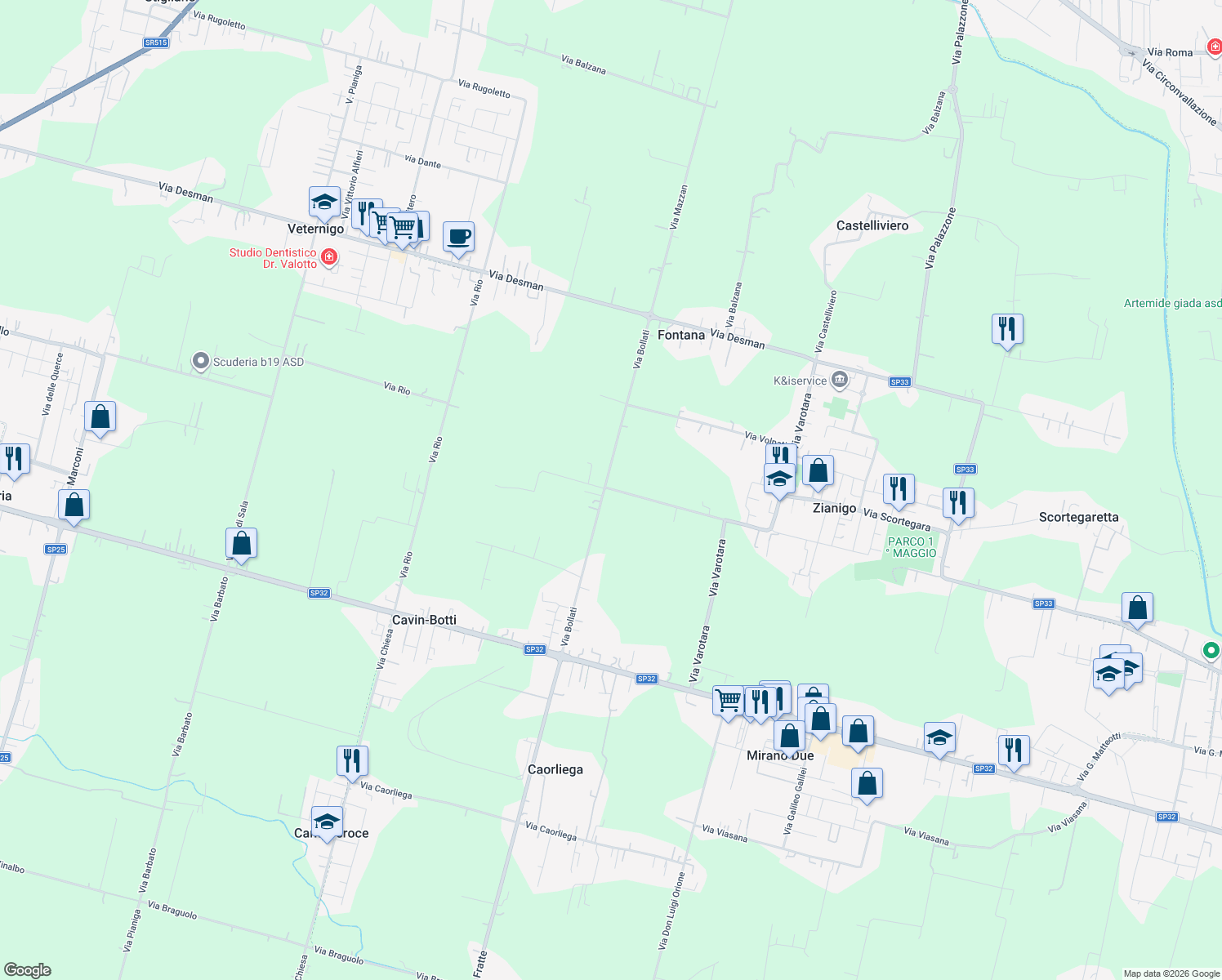 map of restaurants, bars, coffee shops, grocery stores, and more near 24A Via Bollati in Città Metropolitana di Venezia