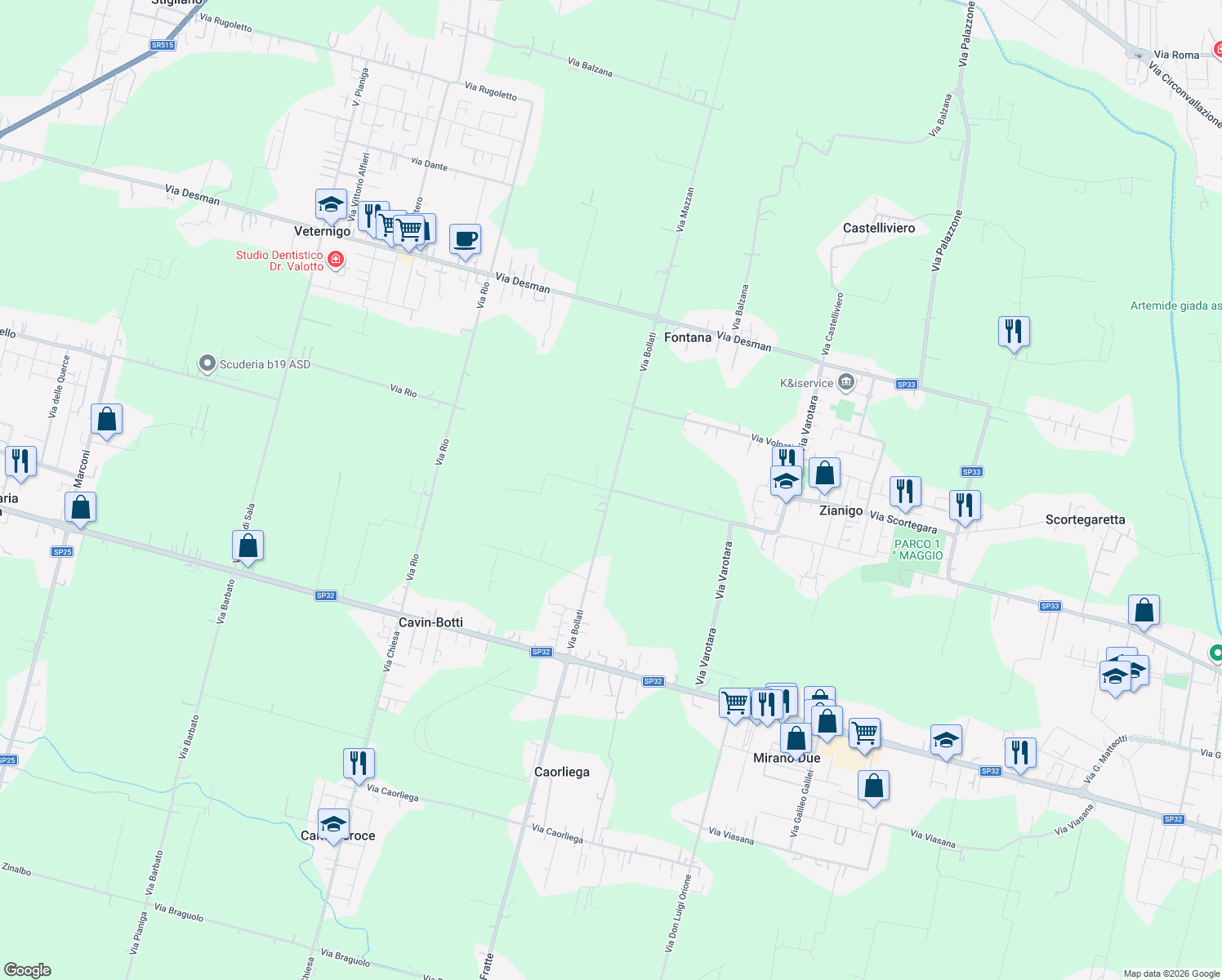 map of restaurants, bars, coffee shops, grocery stores, and more near 24A Via Bollati in Città Metropolitana di Venezia