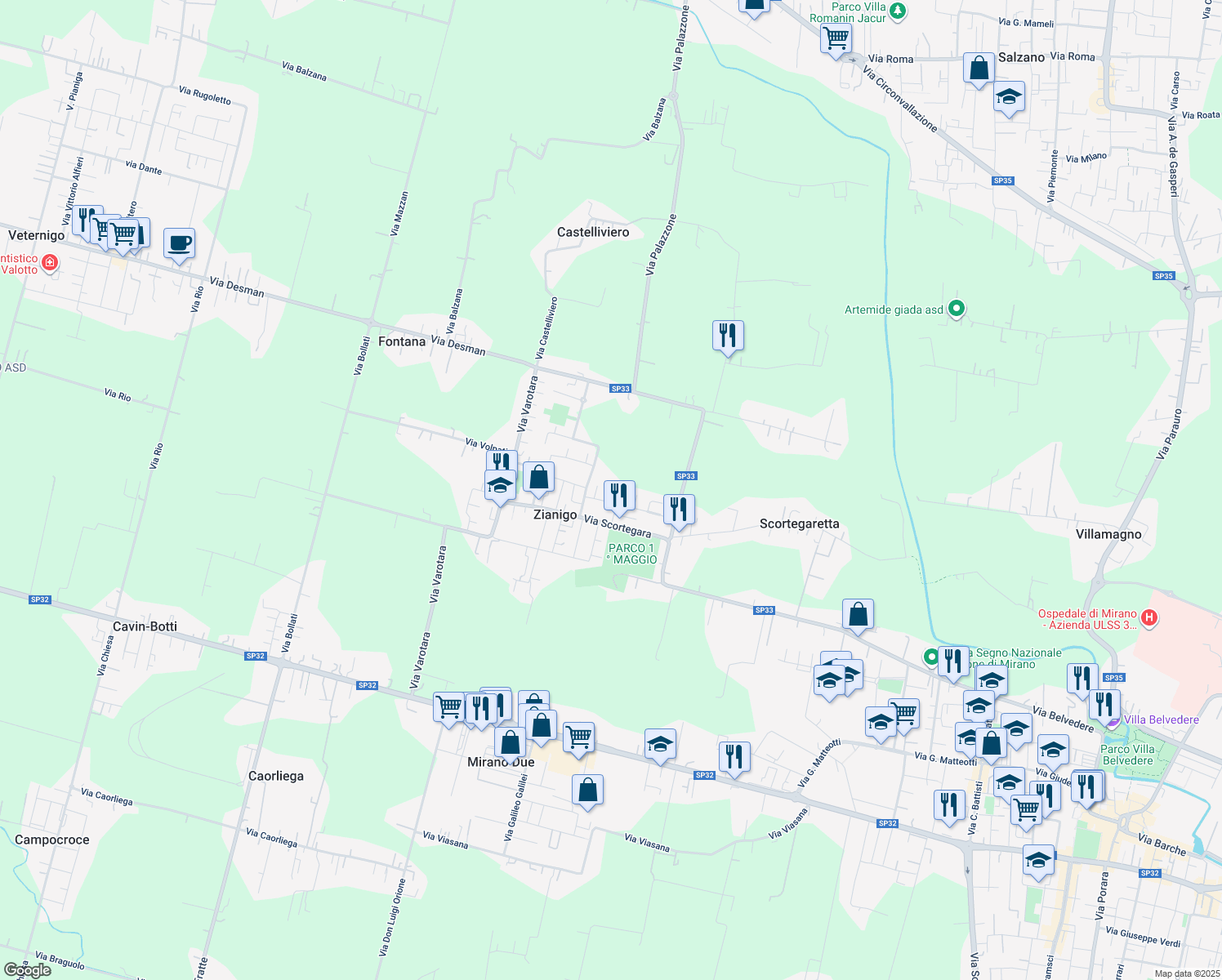 map of restaurants, bars, coffee shops, grocery stores, and more near 23 Via Martiri di Marzabotto in Zianigo