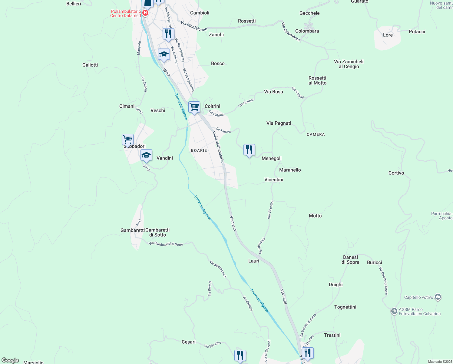 map of restaurants, bars, coffee shops, grocery stores, and more near 13 Via Boarie in San Giovanni Ilarione