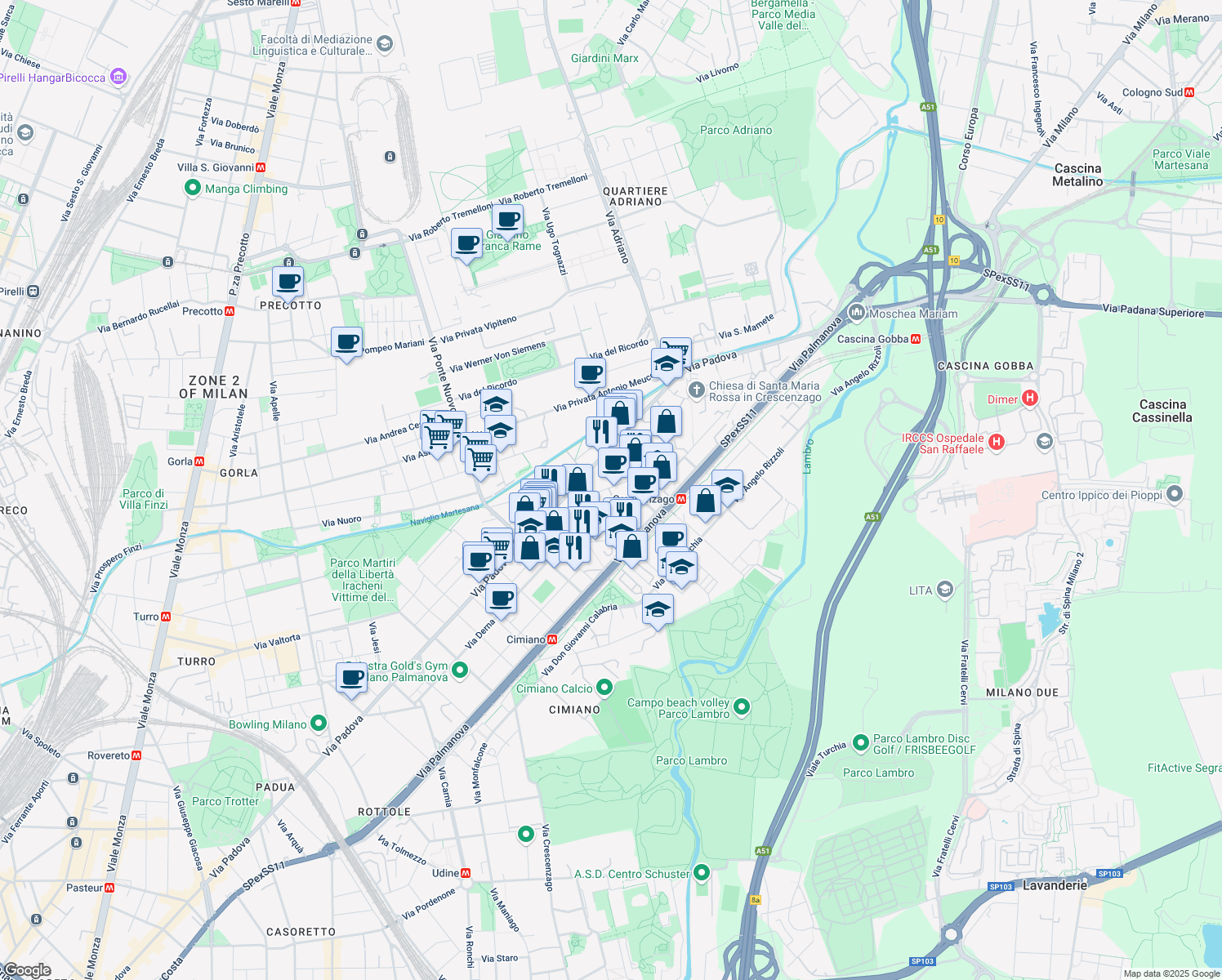 map of restaurants, bars, coffee shops, grocery stores, and more near 24 Via Privata Giovanni Verrazzano in Milano
