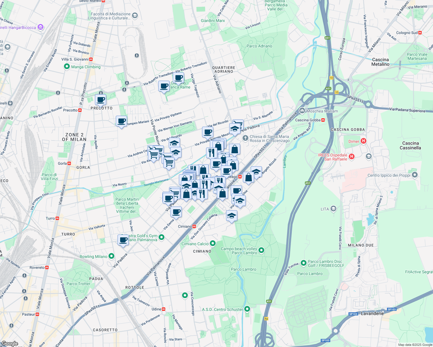 map of restaurants, bars, coffee shops, grocery stores, and more near 24 Via Privata Giovanni Verrazzano in Milan