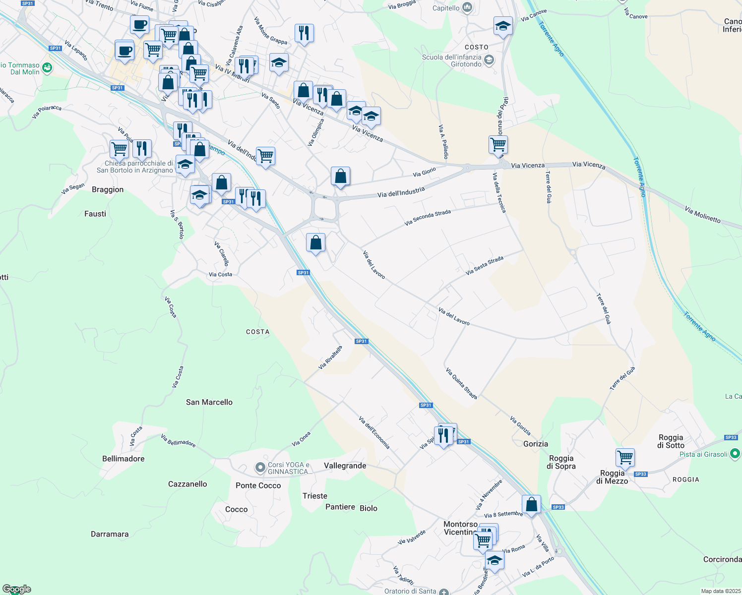 map of restaurants, bars, coffee shops, grocery stores, and more near 74 Via della Concia in Arzignano