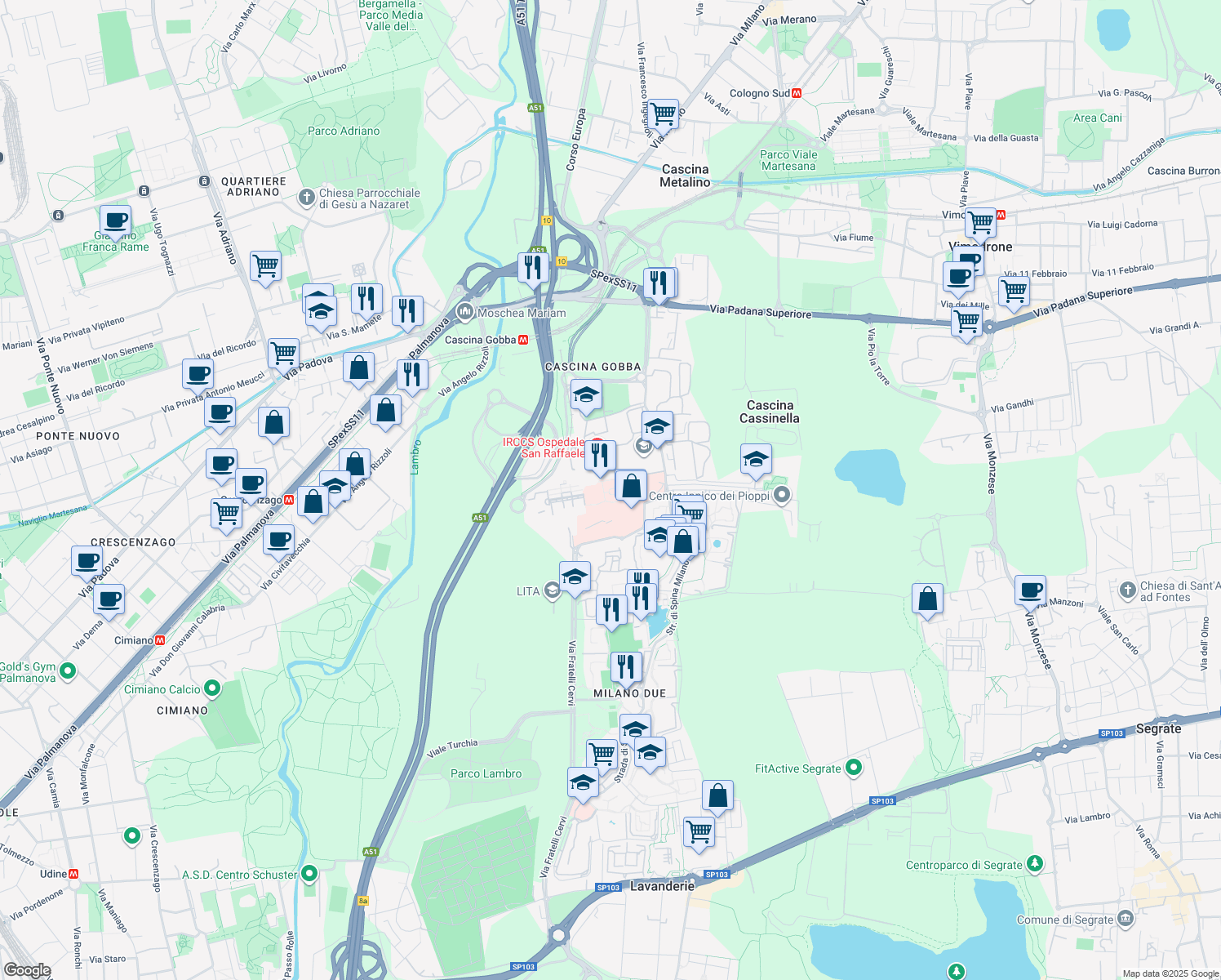 map of restaurants, bars, coffee shops, grocery stores, and more near 60 Via Olgettina in Milano