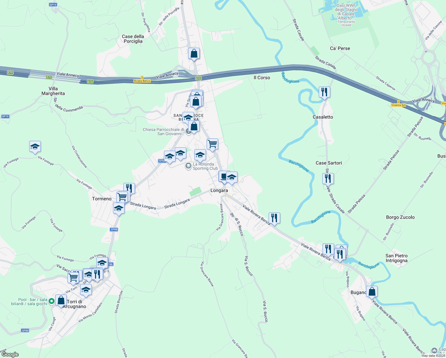 map of restaurants, bars, coffee shops, grocery stores, and more near 647 Viale Riviera Berica in Vicenza