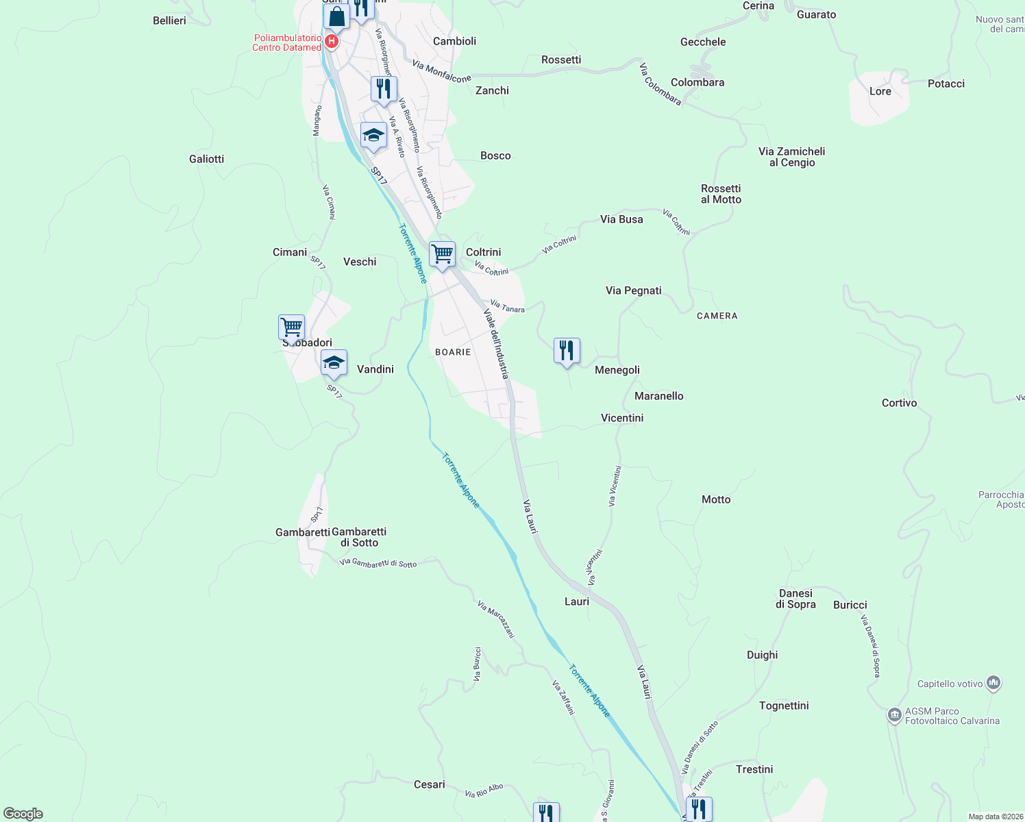 map of restaurants, bars, coffee shops, grocery stores, and more near 13 Via Boarie in San Giovanni Ilarione