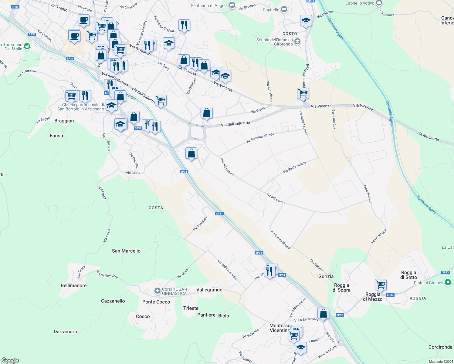map of restaurants, bars, coffee shops, grocery stores, and more near 74 Via della Concia in Arzignano