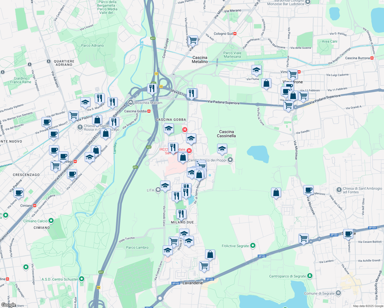 map of restaurants, bars, coffee shops, grocery stores, and more near 60 Via Olgettina in Milano