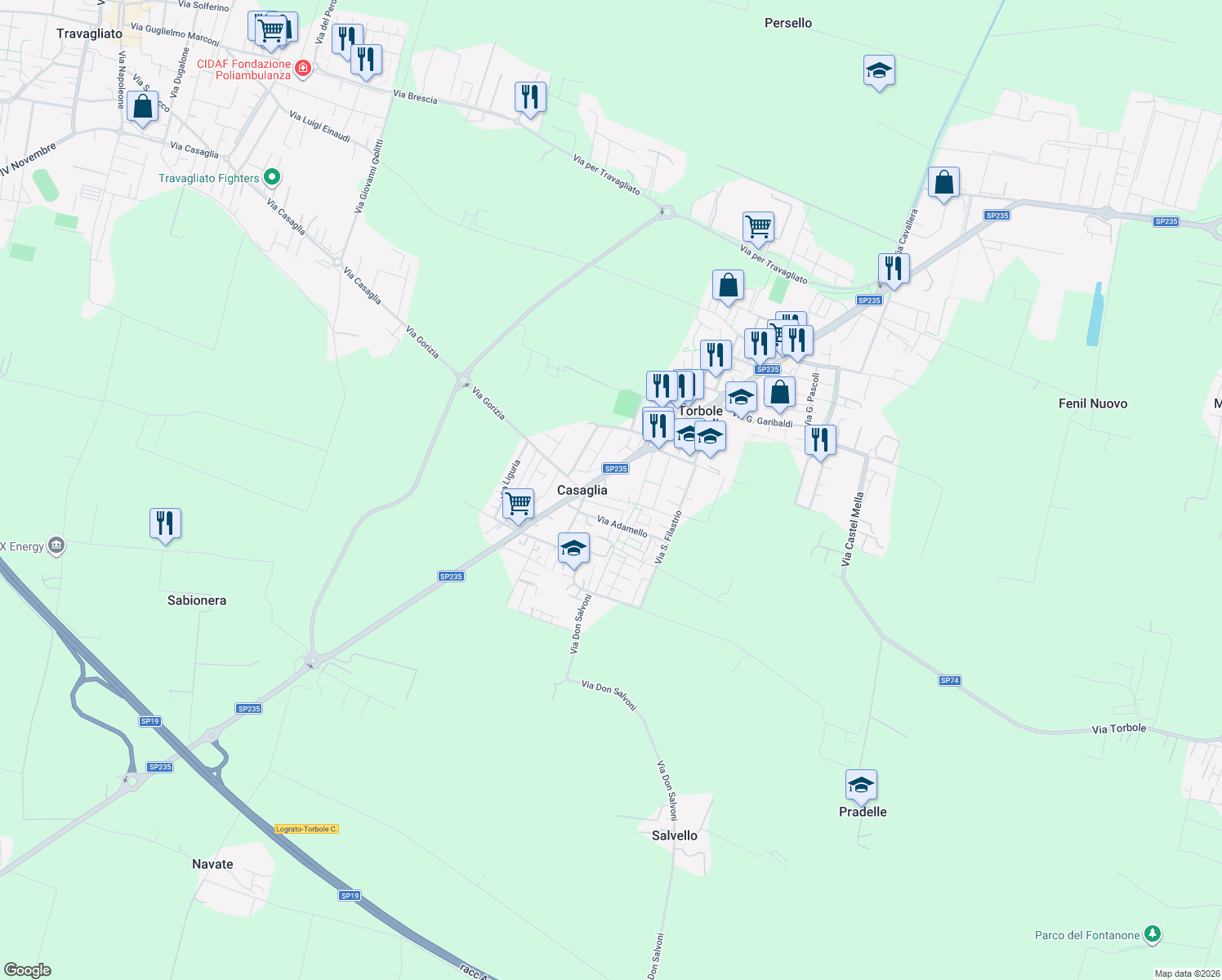 map of restaurants, bars, coffee shops, grocery stores, and more near 29 Via Giuseppe Verdi in Torbole Casaglia