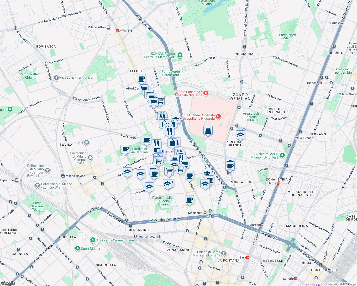 map of restaurants, bars, coffee shops, grocery stores, and more near 3 Via Valeggio in Milano