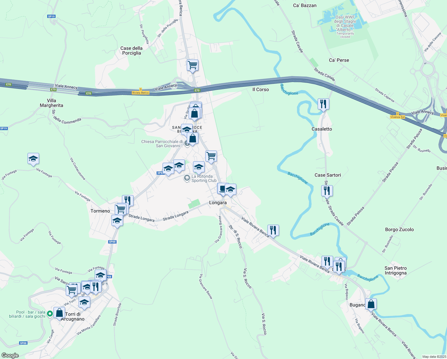 map of restaurants, bars, coffee shops, grocery stores, and more near 611 Viale Riviera Berica in Vicenza