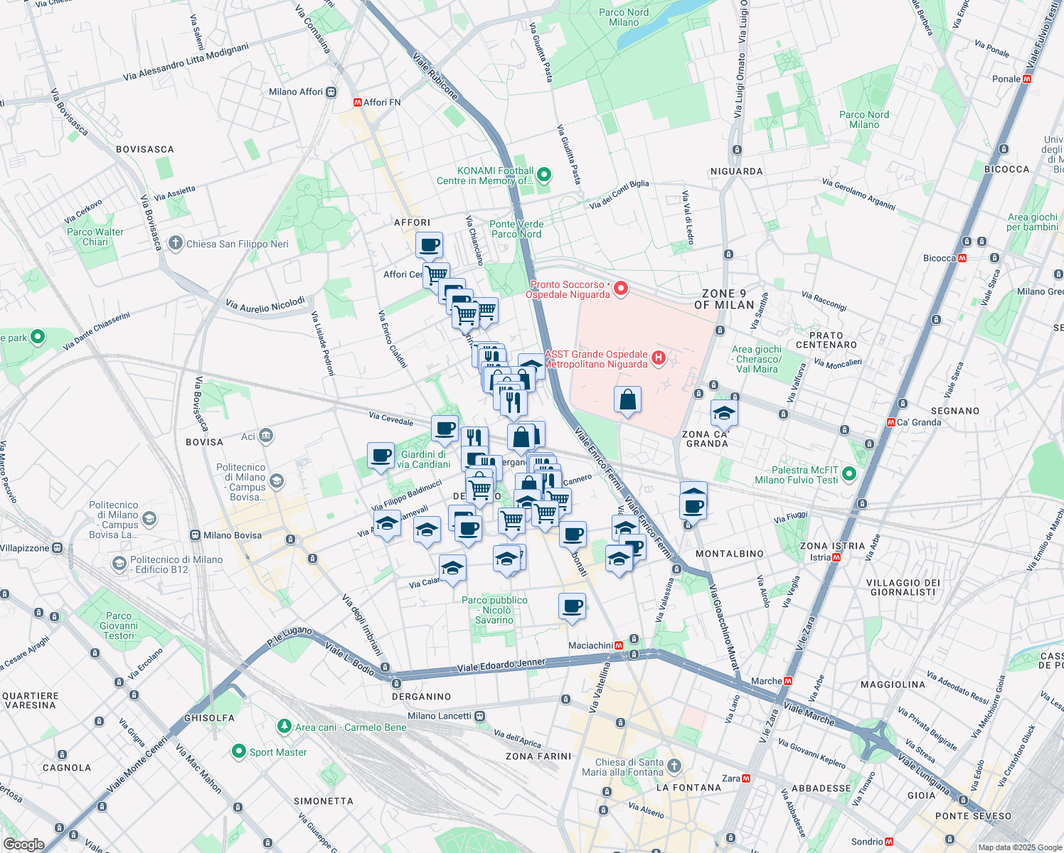 map of restaurants, bars, coffee shops, grocery stores, and more near 3 Via Valeggio in Milano