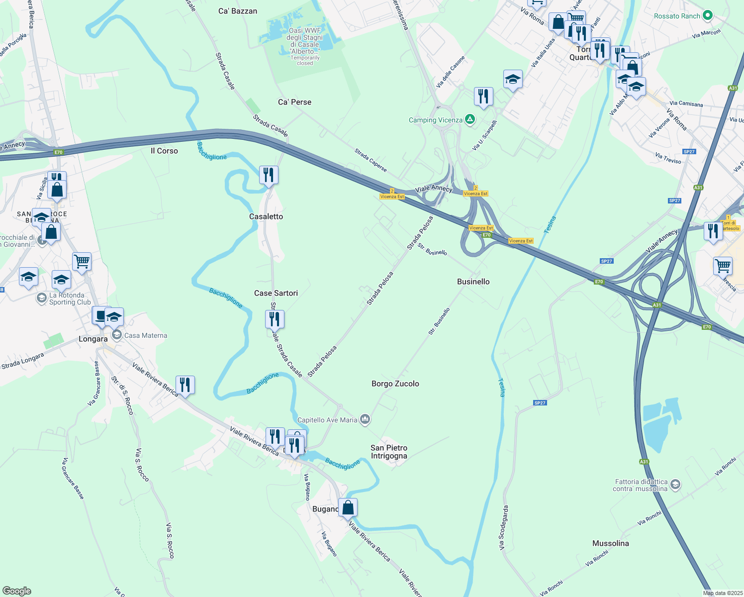 map of restaurants, bars, coffee shops, grocery stores, and more near 93 Strada Pelosa in Vicenza