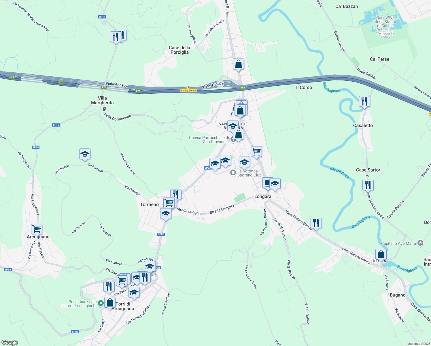 map of restaurants, bars, coffee shops, grocery stores, and more near 21 Via Luigi Einaudi in Vicenza