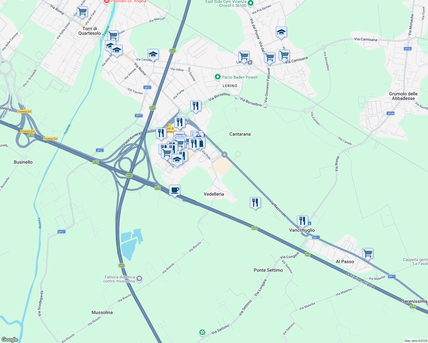 map of restaurants, bars, coffee shops, grocery stores, and more near 16 Via Vedelleria in Vedelleria