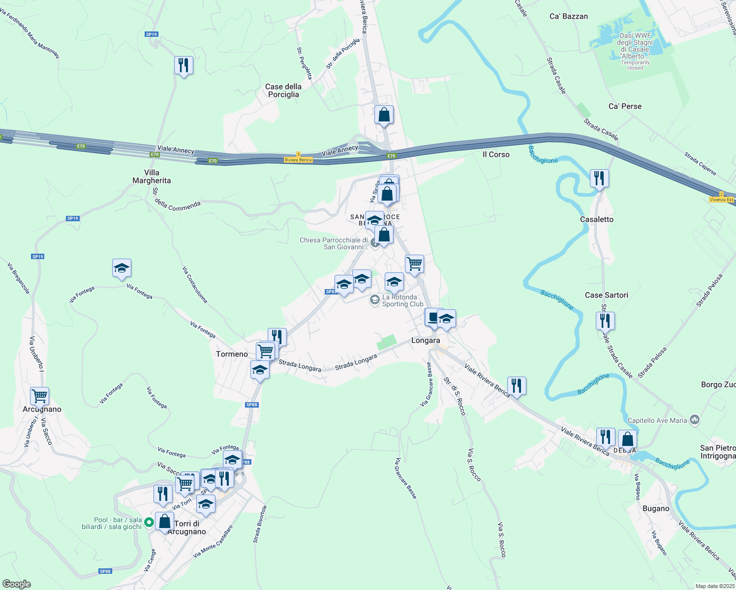 map of restaurants, bars, coffee shops, grocery stores, and more near 21 Via Luigi Einaudi in Vicenza