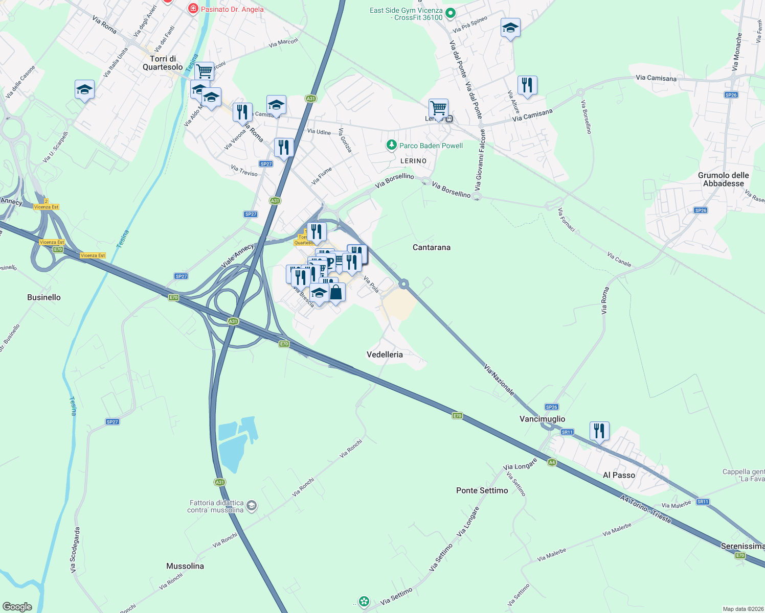 map of restaurants, bars, coffee shops, grocery stores, and more near 16 Via Vedelleria in Vedelleria