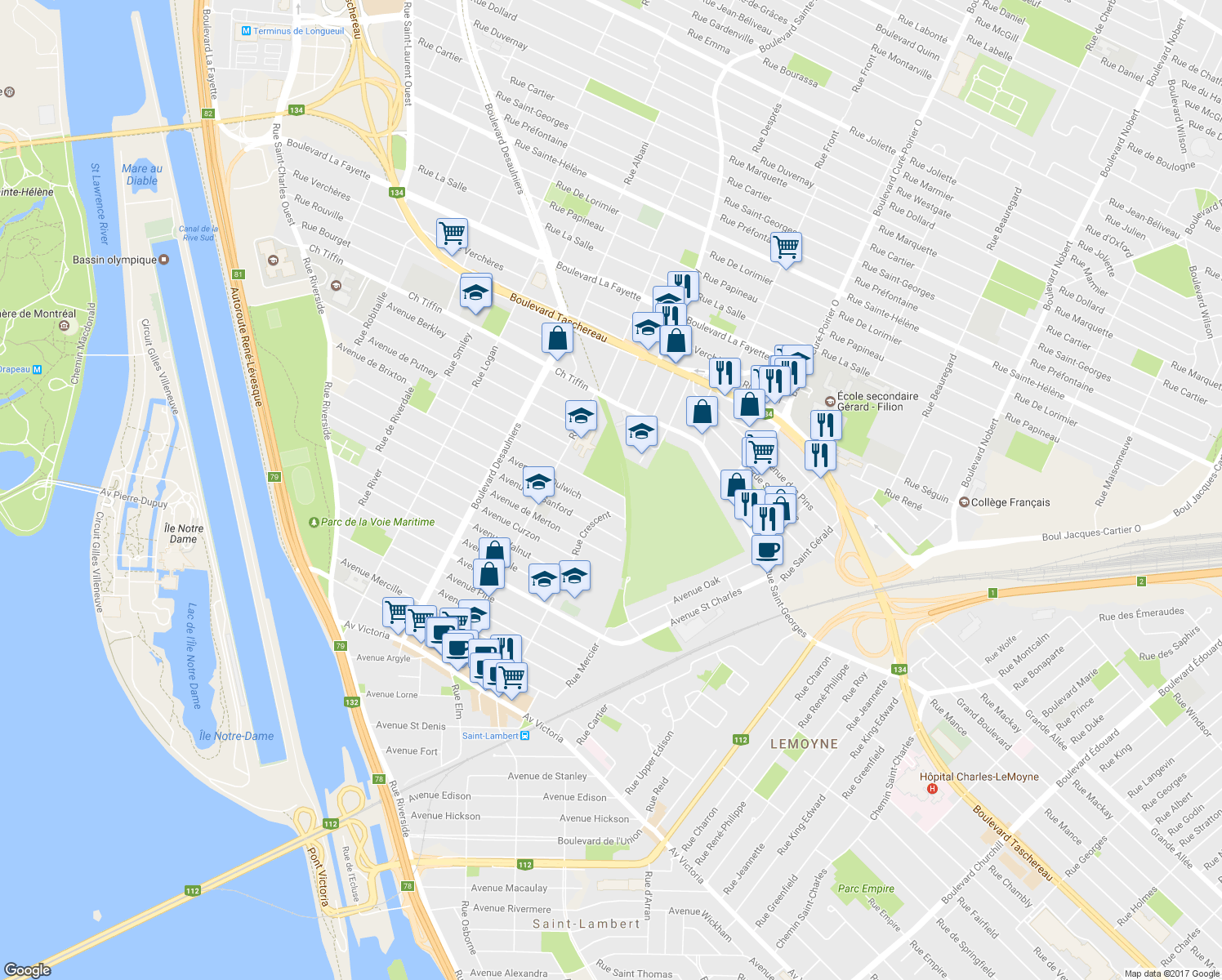 map of restaurants, bars, coffee shops, grocery stores, and more near 581 Avenue de Brixton in Saint-Lambert