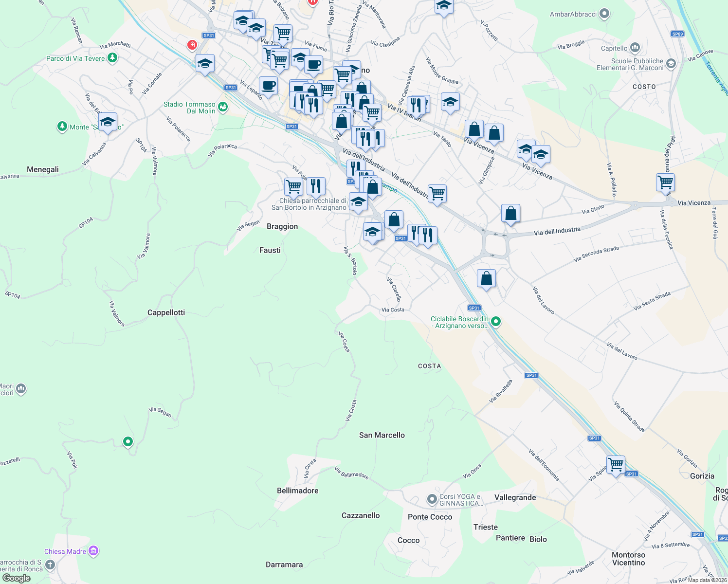 map of restaurants, bars, coffee shops, grocery stores, and more near 40 Via San Bortolo in Arzignano