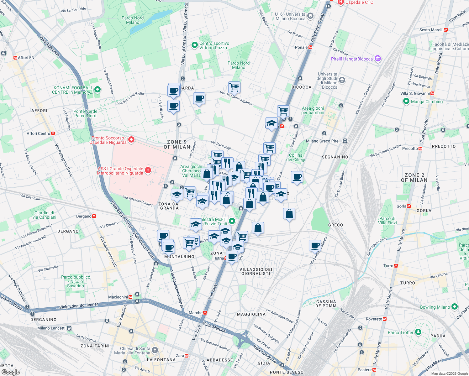 map of restaurants, bars, coffee shops, grocery stores, and more near 64 Viale Giovanni Suzzani in Milan