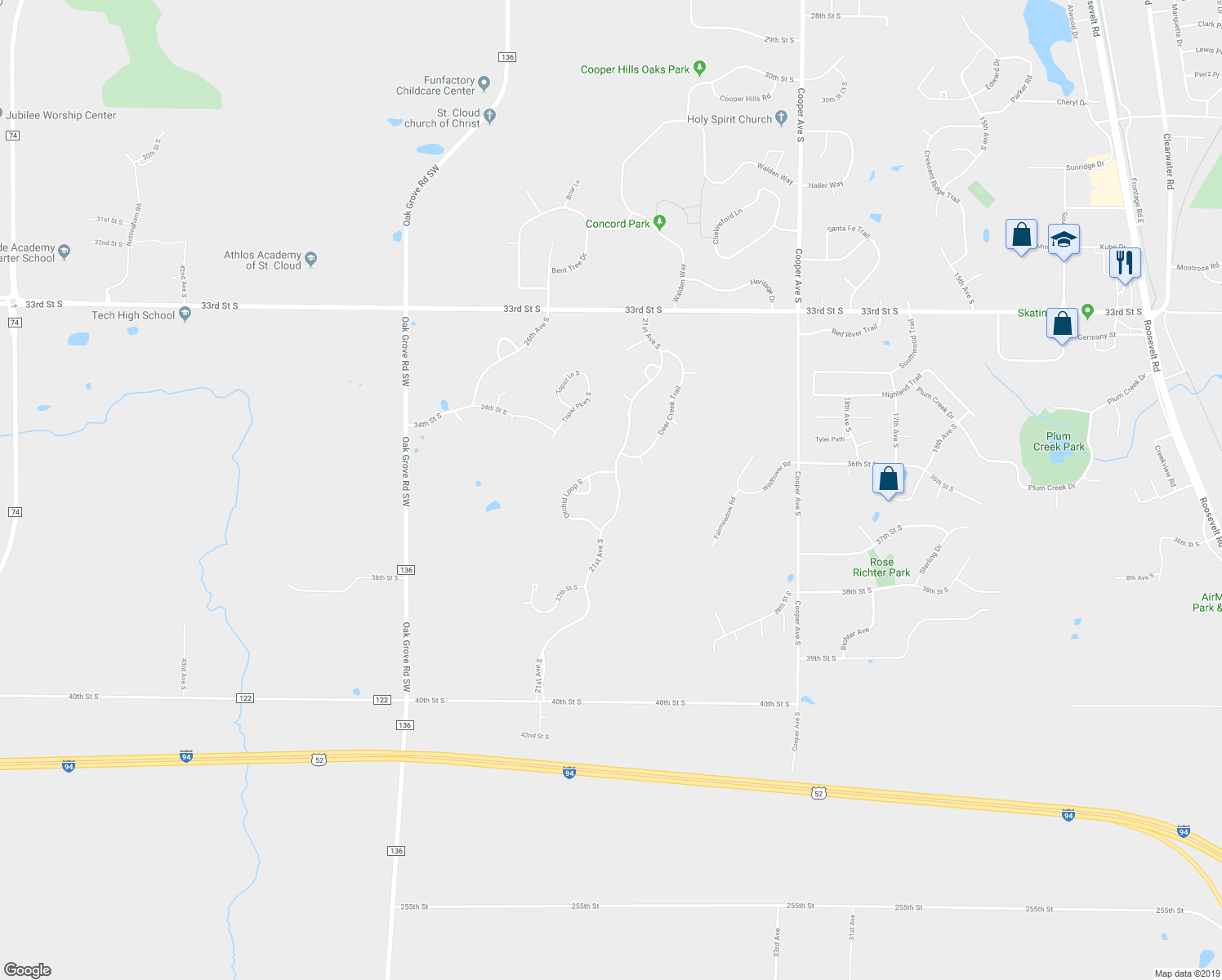 map of restaurants, bars, coffee shops, grocery stores, and more near 3621 21st Avenue South in St. Cloud