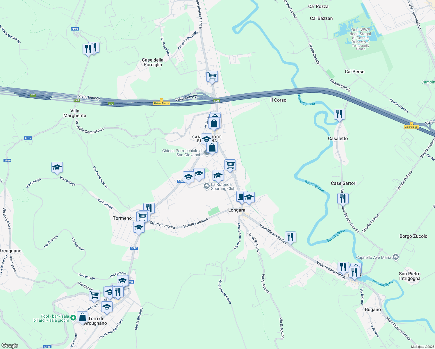 map of restaurants, bars, coffee shops, grocery stores, and more near Via Filippo Turati in Vicenza