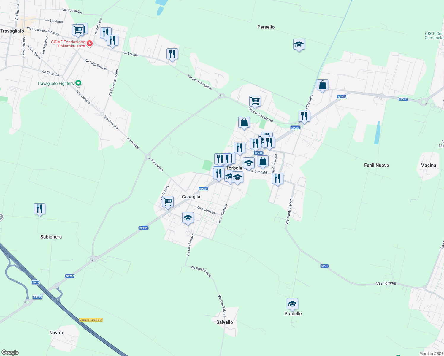 map of restaurants, bars, coffee shops, grocery stores, and more near 139 Via G. Mazzini in Torbole Casaglia