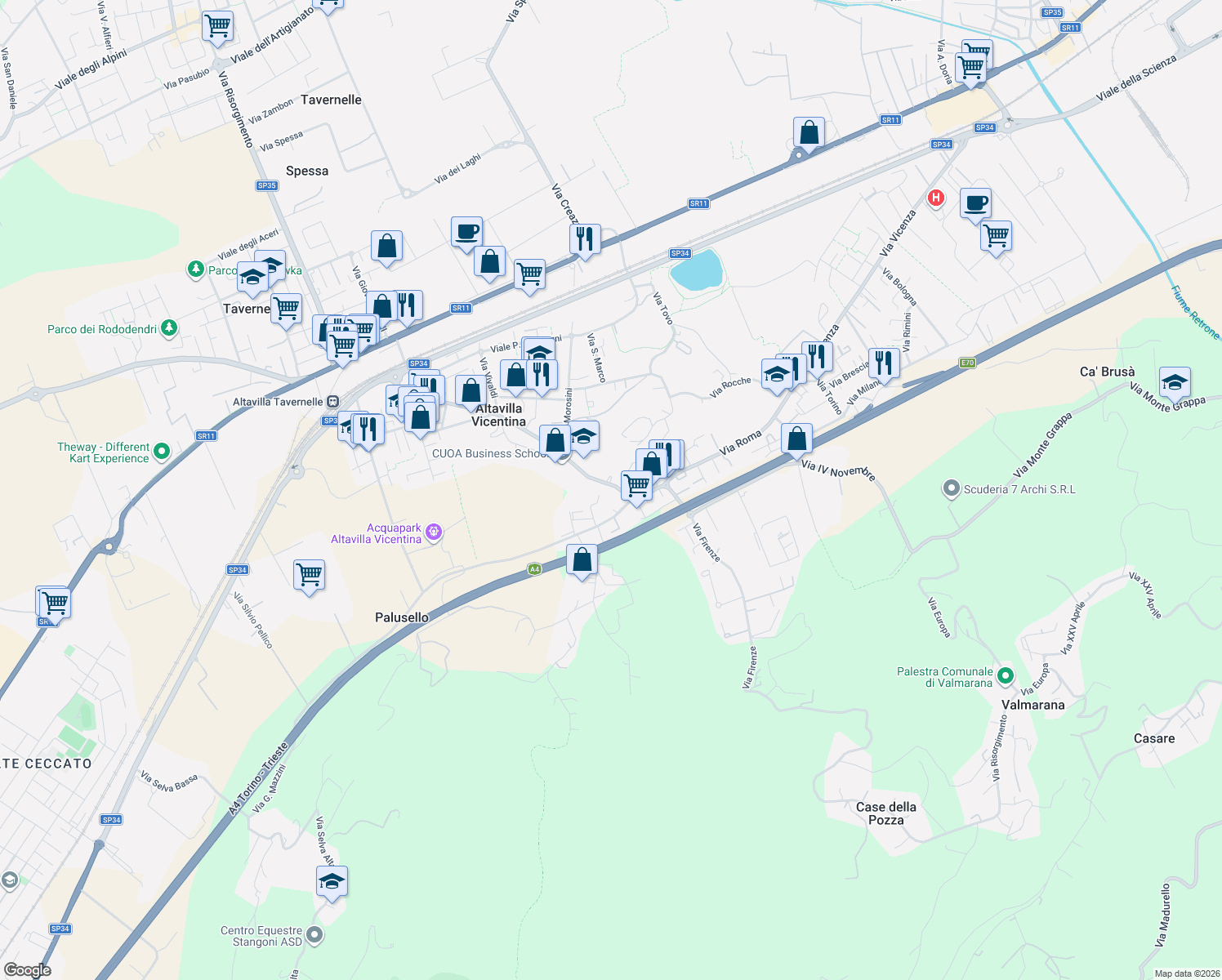 map of restaurants, bars, coffee shops, grocery stores, and more near 736 Via G. Marconi in Altavilla Vicentina
