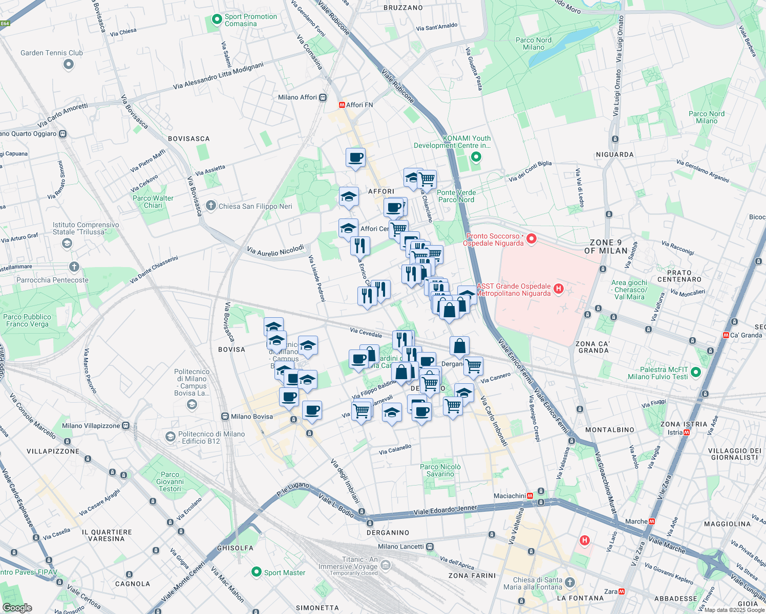 map of restaurants, bars, coffee shops, grocery stores, and more near 33 Via Privata Don Bartolomeo Grazioli in Milano