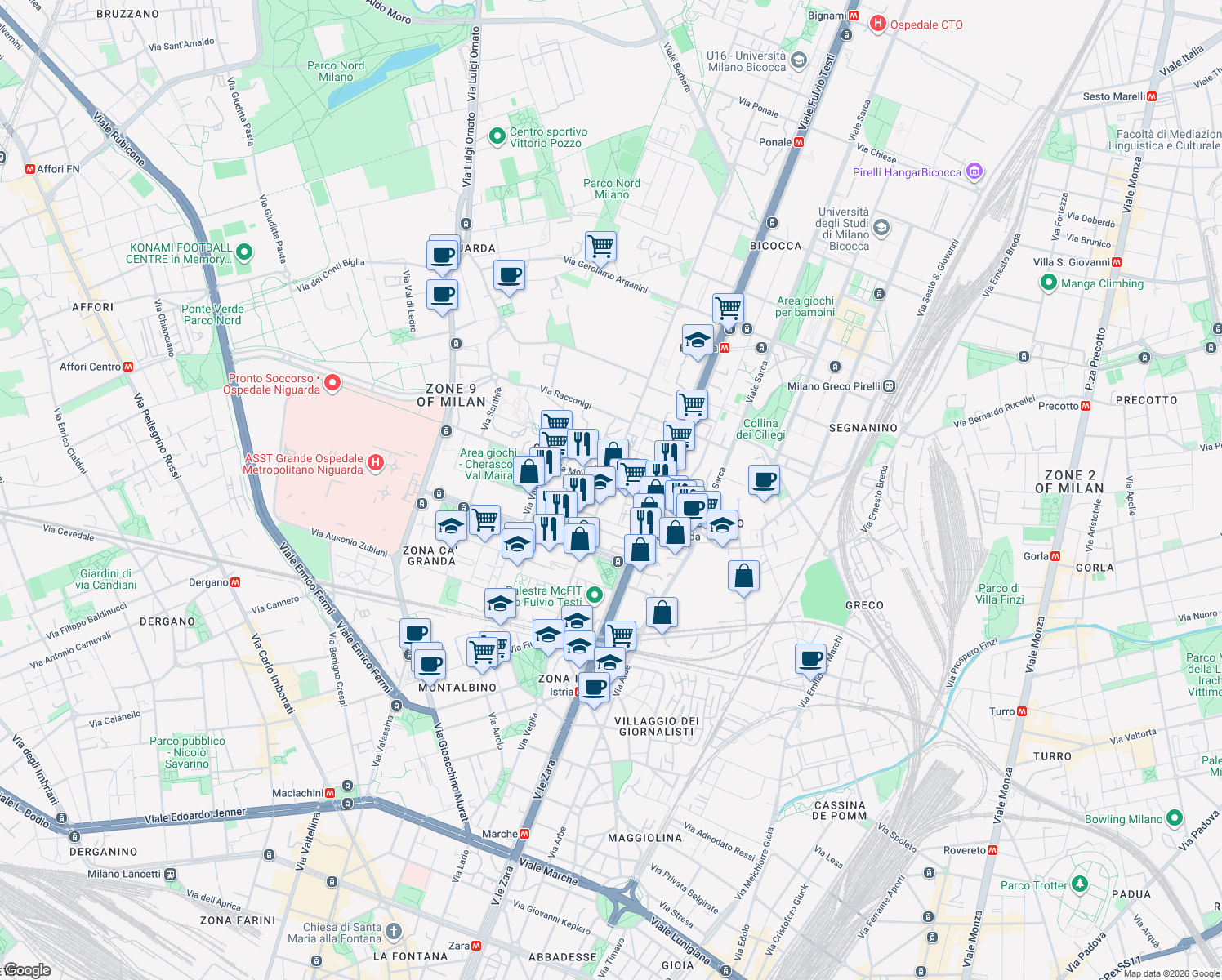 map of restaurants, bars, coffee shops, grocery stores, and more near 64 Viale Giovanni Suzzani in Milan