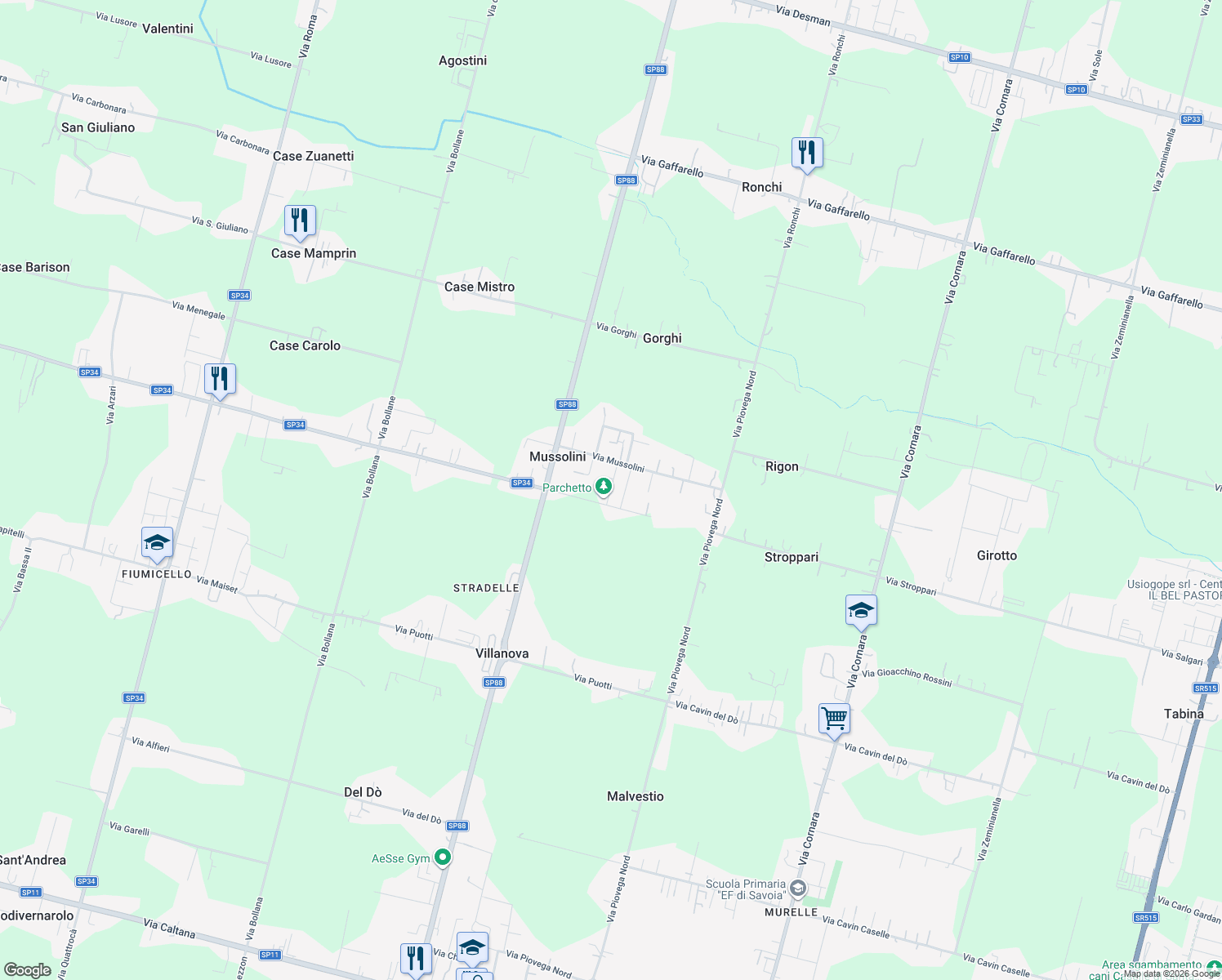 map of restaurants, bars, coffee shops, grocery stores, and more near 9 Via Giovanni Pascoli in Mussolini