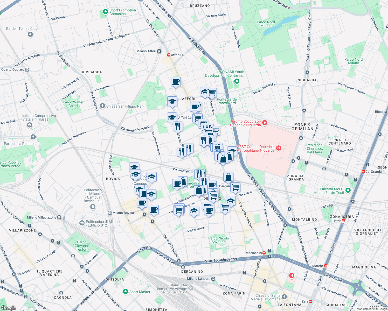 map of restaurants, bars, coffee shops, grocery stores, and more near 33 Via Privata Don Bartolomeo Grazioli in Milano
