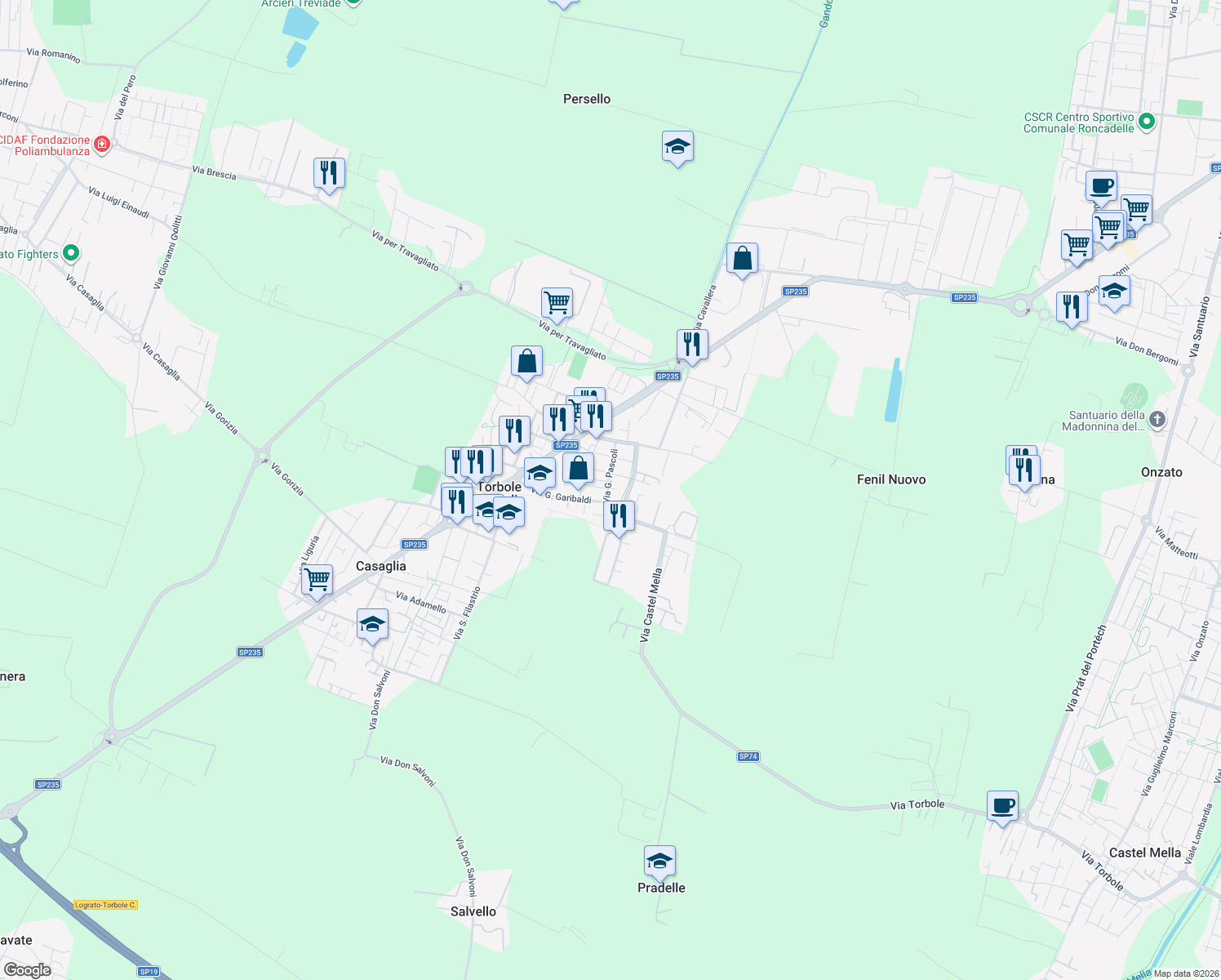 map of restaurants, bars, coffee shops, grocery stores, and more near 25 Via Giovanni Pascoli in Torbole Casaglia