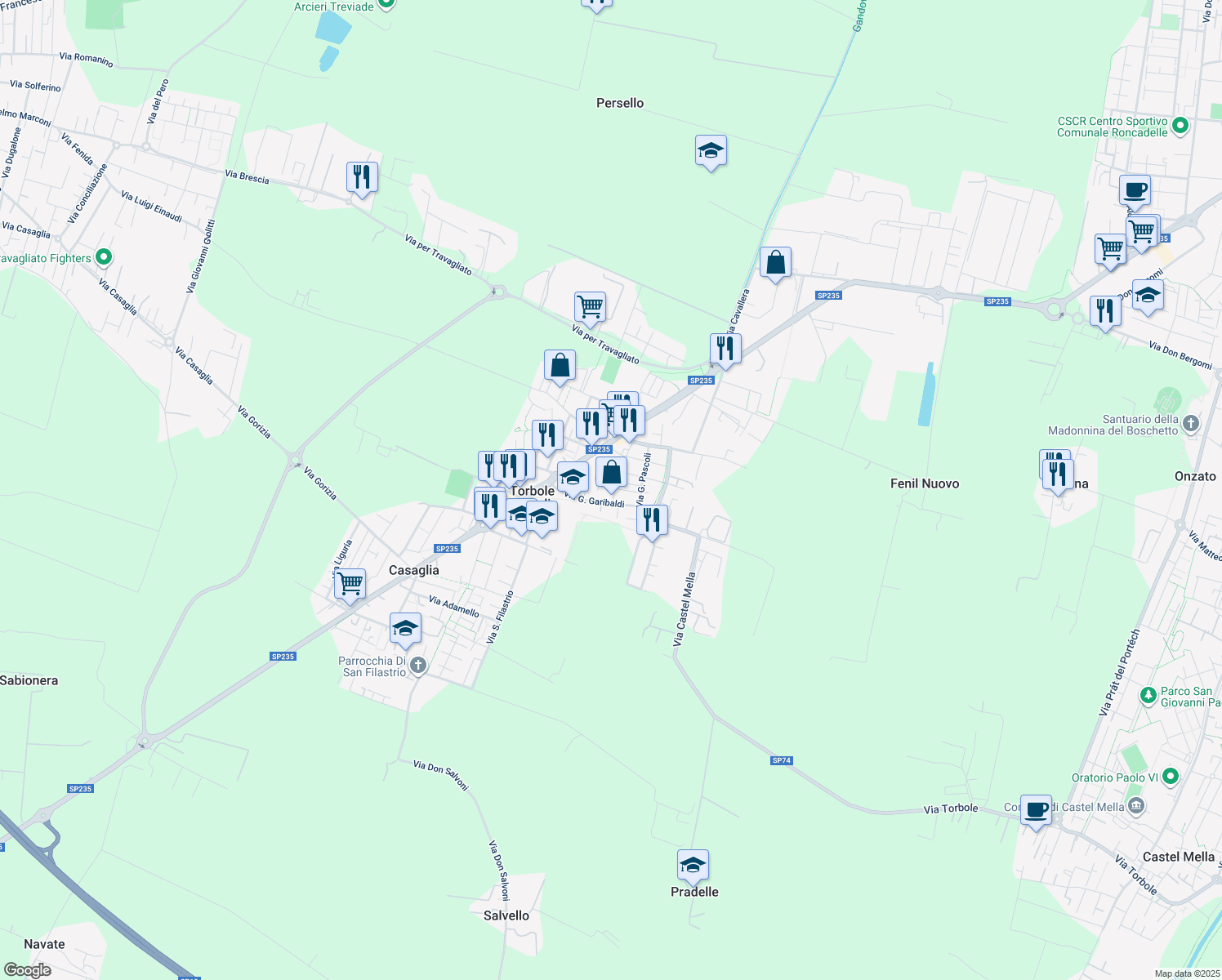 map of restaurants, bars, coffee shops, grocery stores, and more near 18 Via A. Manzoni in Torbole Casaglia