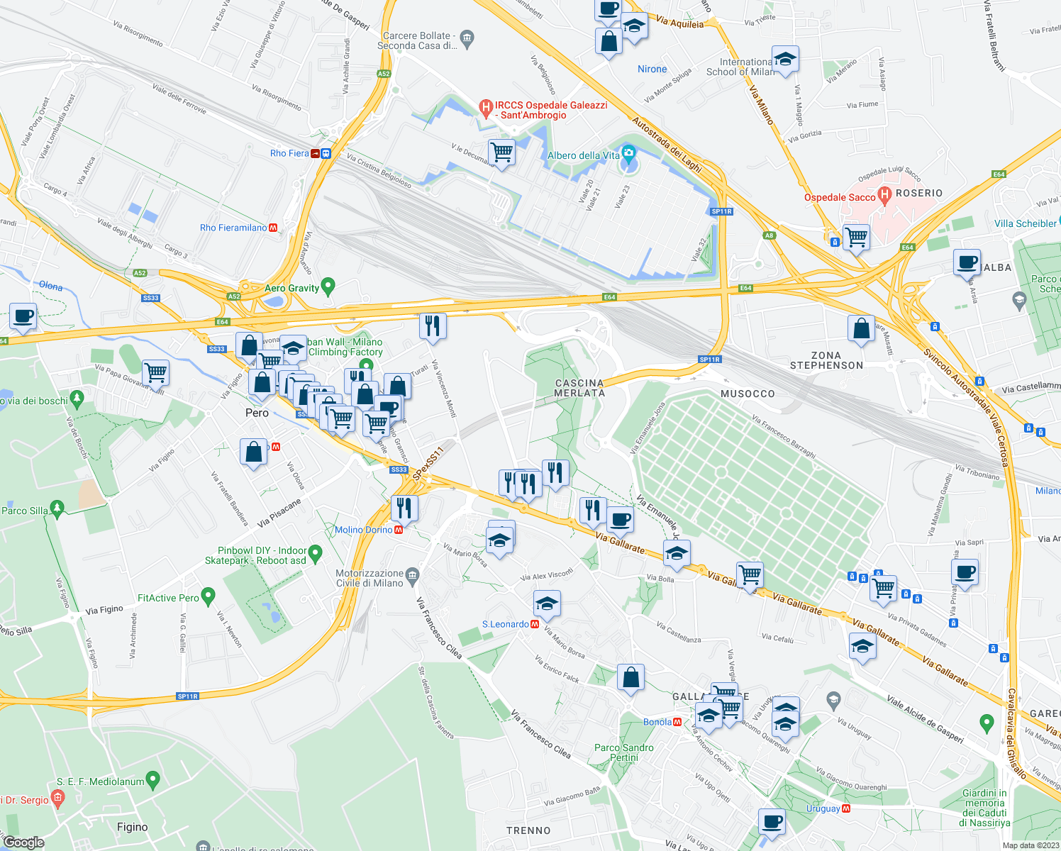 map of restaurants, bars, coffee shops, grocery stores, and more near Via Pier Paolo Pasolini in Milano