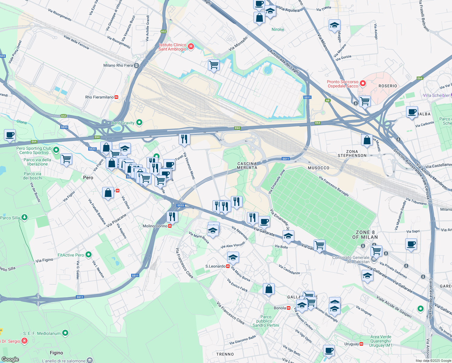 map of restaurants, bars, coffee shops, grocery stores, and more near Via Pier Paolo Pasolini in Milano
