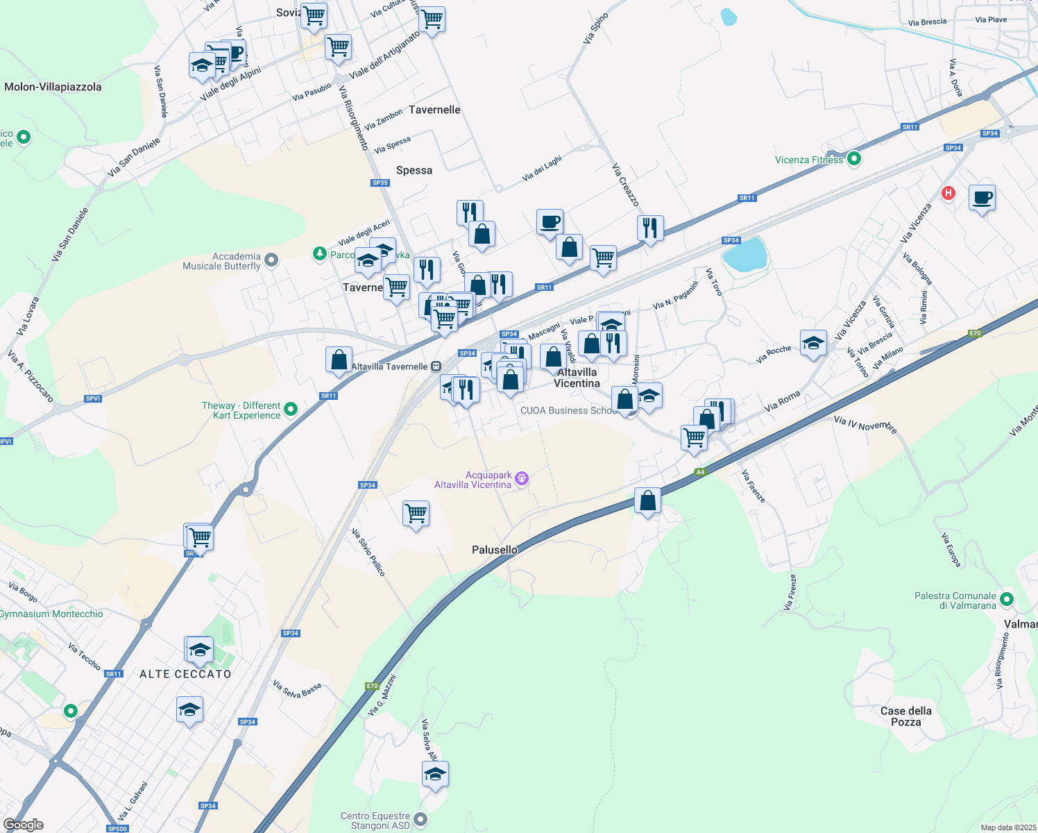 map of restaurants, bars, coffee shops, grocery stores, and more near 7 Via Thomas Edison in Altavilla Vicentina